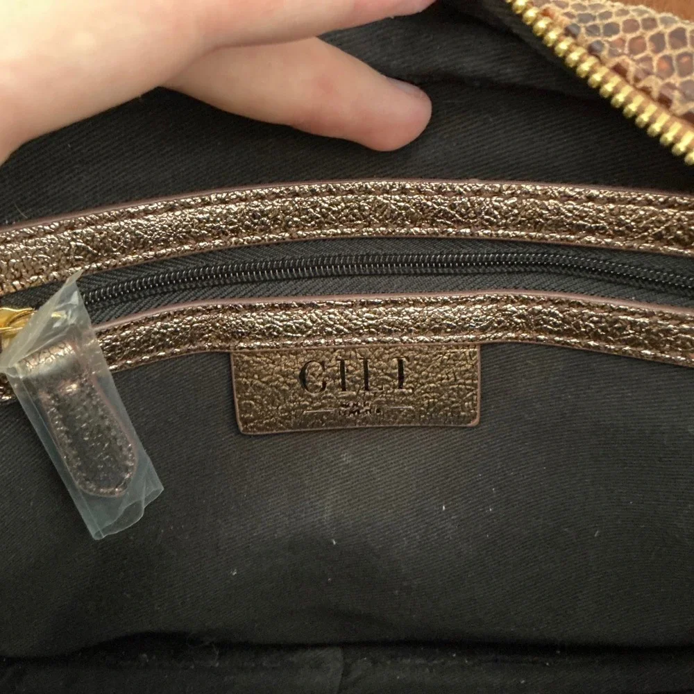 GILI Brown Snakeskin Embossed Leather Camera Bag Metallic Bronze Crossbody Purse - Picture 7 of 7